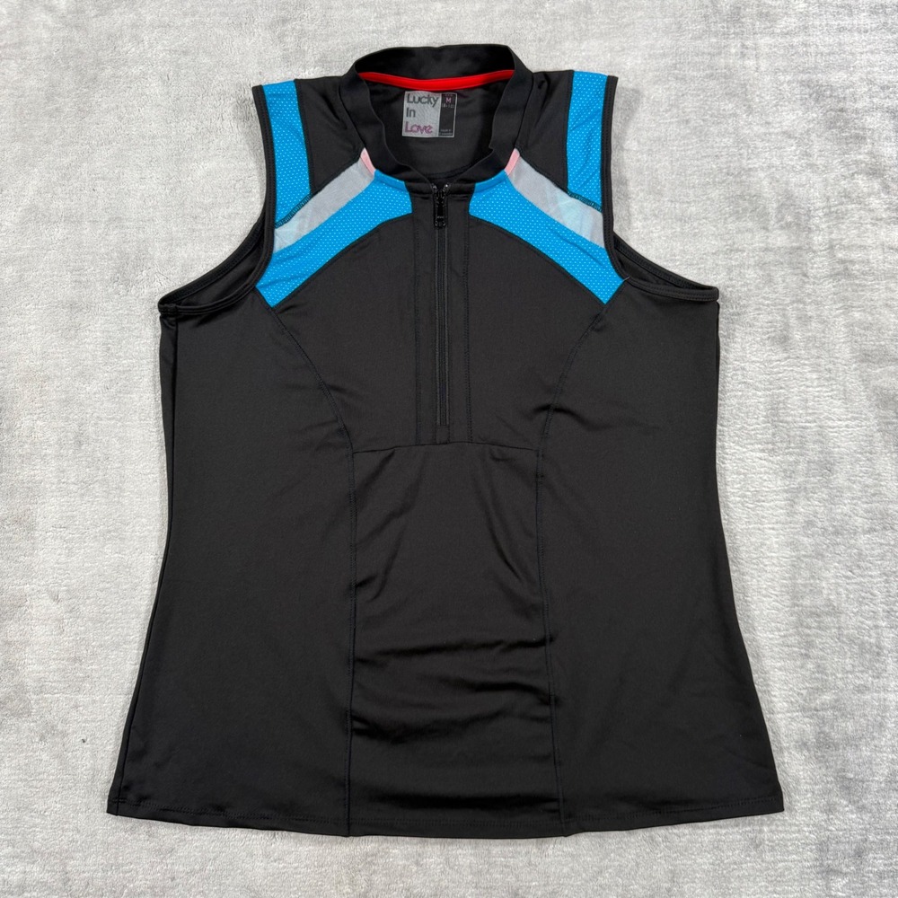 Lucky In Love Tennis Tank Top Womens Medium Black Blue Quarter Zip Sleeveless